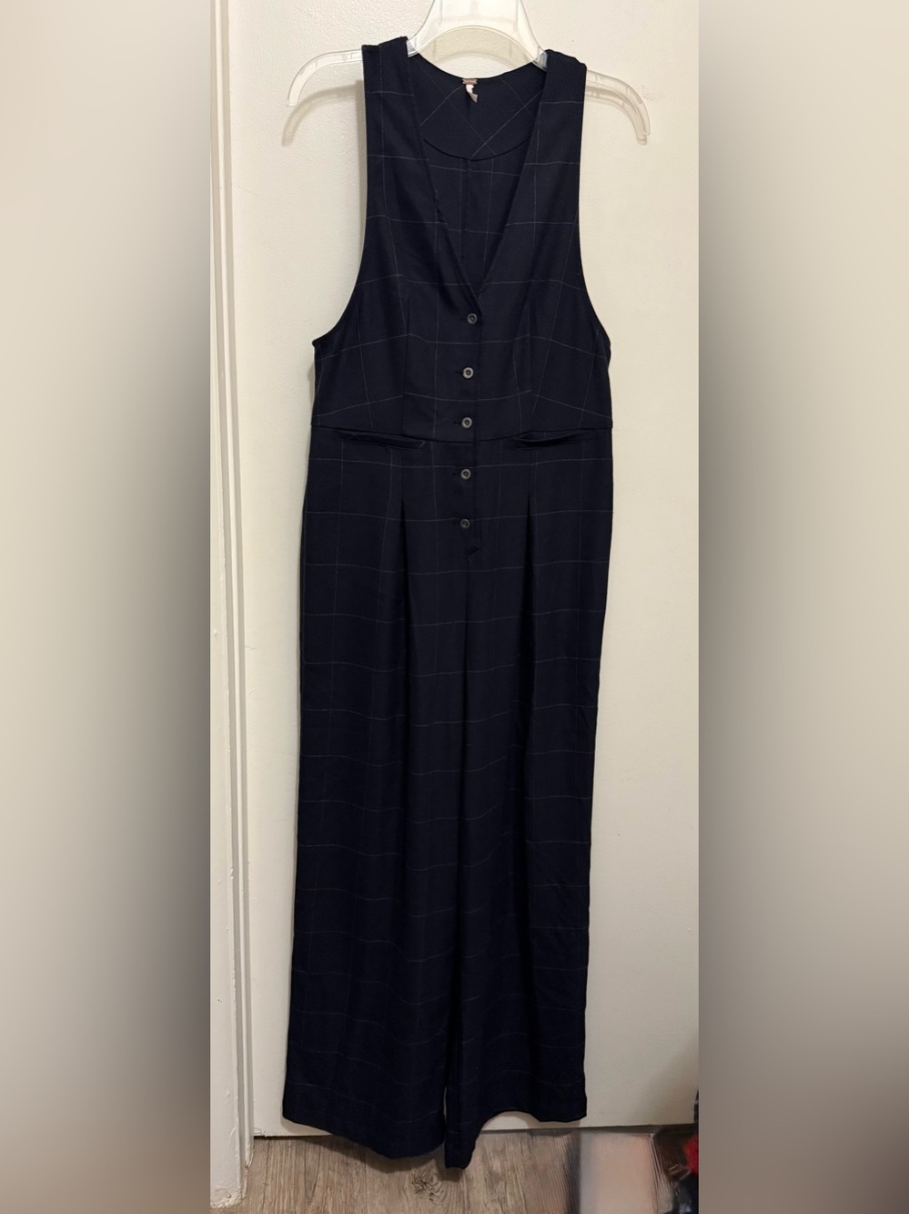 Free People Navy Windowpane Button-Front Wide Jumpsuit